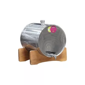 Pálinkatartály fekvő 25L inox, fa állványon Panka