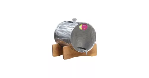 Pálinkatartály fekvő 25L inox, fa állványon Panka