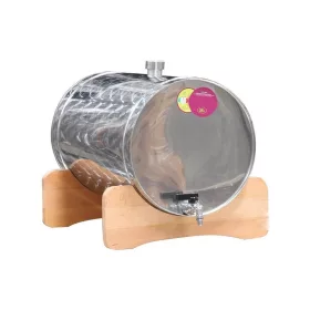 Pálinkatartály fekvő 35L inox, fa állványon Panka