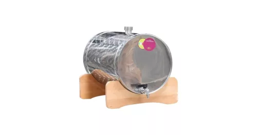 Pálinkatartály fekvő 35L inox, fa állványon Panka