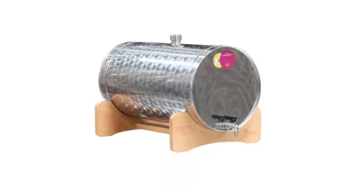Pálinkatartály fekvő 45L inox, fa állványon Panka