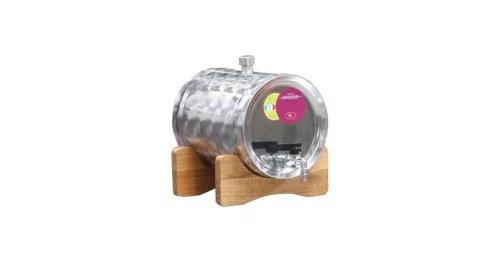 Pálinkatartály fekvő 6L inox, fa állványon Panka