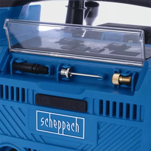 Akkus hibrid kompresszor IXES 20V 12V, 230V (2Ah akkuval és 2,4A töltővel) Scheppach Air Force 6-SET S