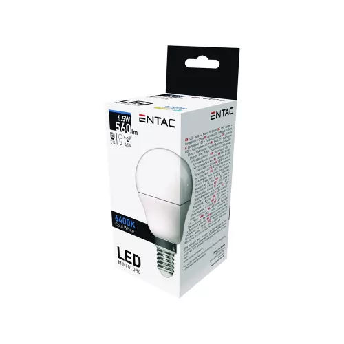Izzó E14 6,5W CW 6400K, Entac LED Mini Globe