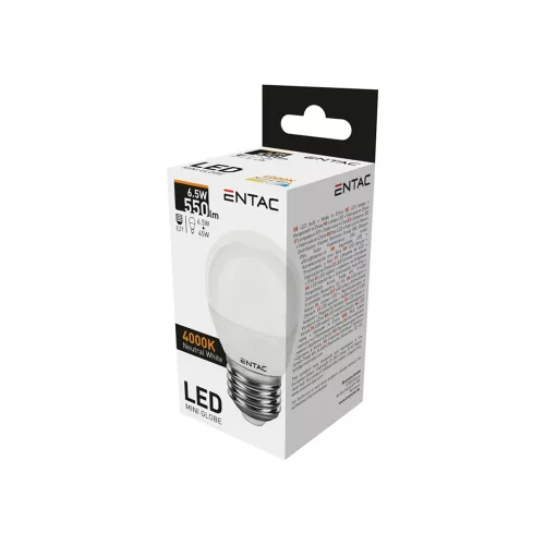 Izzó E27 6,5W CW 6400K, Entac LED Mini Globe