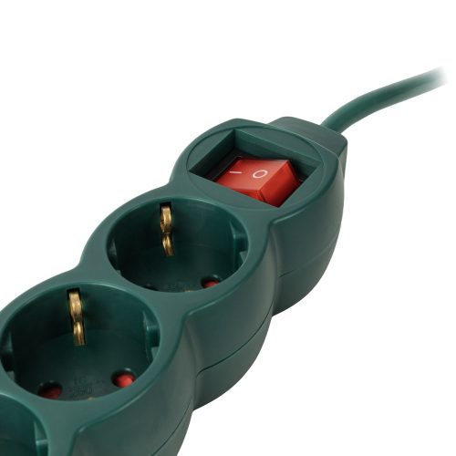 Elosztó, hálózati, 3-as, 1,5 m, kapcsolós, zöld, ENTAC