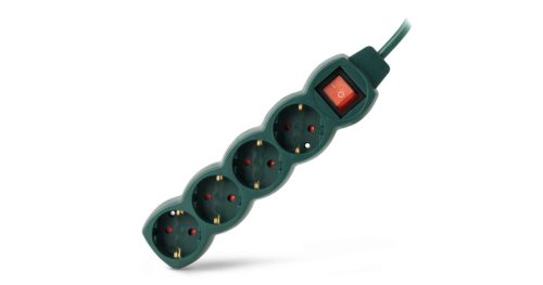 Elosztó, hálózati, 4-es, 3 m, kapcsolós, zöld, ENTAC