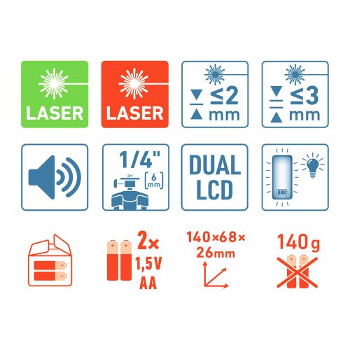 Lézeres vevő/detektor/jelfogó vízszintezőhöz, PIROS és ZÖLD, 50m Extol Premium