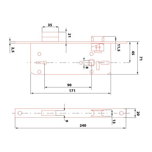 Ajtózár 90 mm-es, normál kulcsos, szögletes