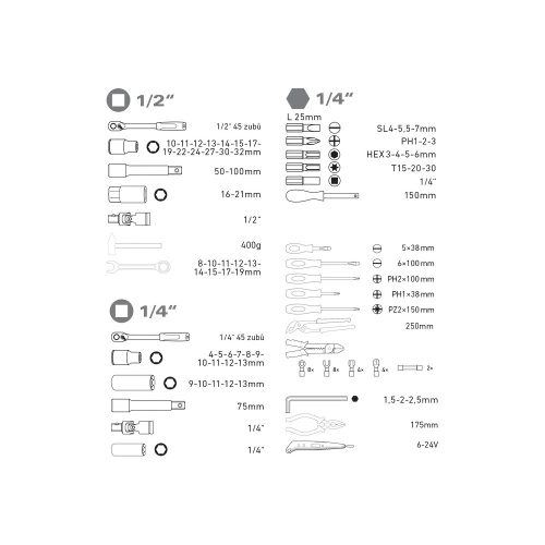 Szerszám és dugókulcs készlet, 100db