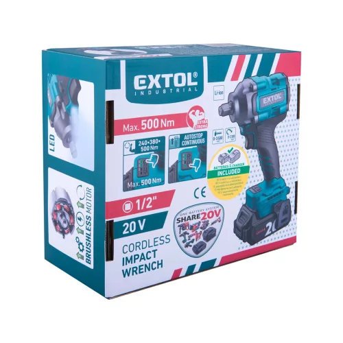 Akkus ütvecsavarozó,1/2" négyszög, SHARE20V, 500Nm, BRUSHLESS, 2Ah Extol Industrial