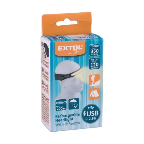 Fejlámpa LED, tölthető, COB LED, 350 lumen, fehér fény