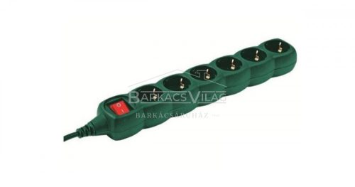 Elosztó, hálózati, kapcsolós, 6 aljzat, 5m, zöld