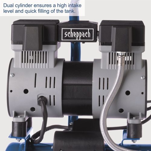 Ultracsendes olajmentes kéthengeres kompresszor, 6 l Scheppach HC 08 Si