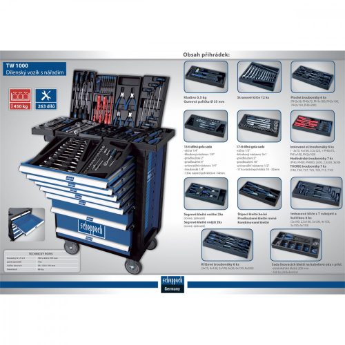 Műhelykocsi szerszámokkal, 7 fiókos, 263 db-os Scheppach TW 1000