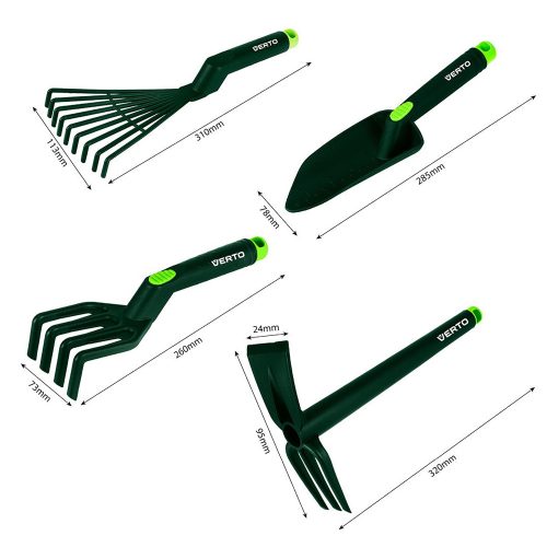 Mini kertiszerszám készlet 4 db (gereblye, kapa, lapát, kapa/kapa)