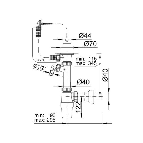 Mosogatószifon egymedencés, túlfolyóval, mosogatógép csatlakozóval
