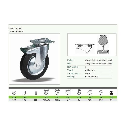 Kerék önbeálló talpas fém felnis fékezhető 100 30295