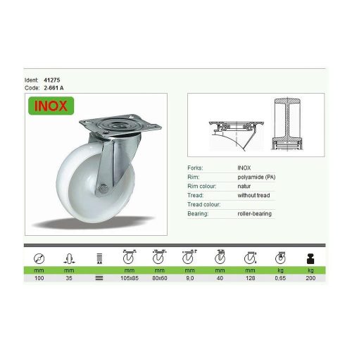 Kerék önbeálló PA inox villás tűgörgős 100 fehér 41275