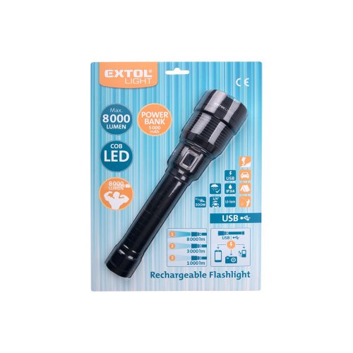 LED lámpa, 60 W COB LED, 8000 Lm, ALU ház, zoom, USB újratölthető Li-ion akkus, 5000 mAh, Power Bank funkció